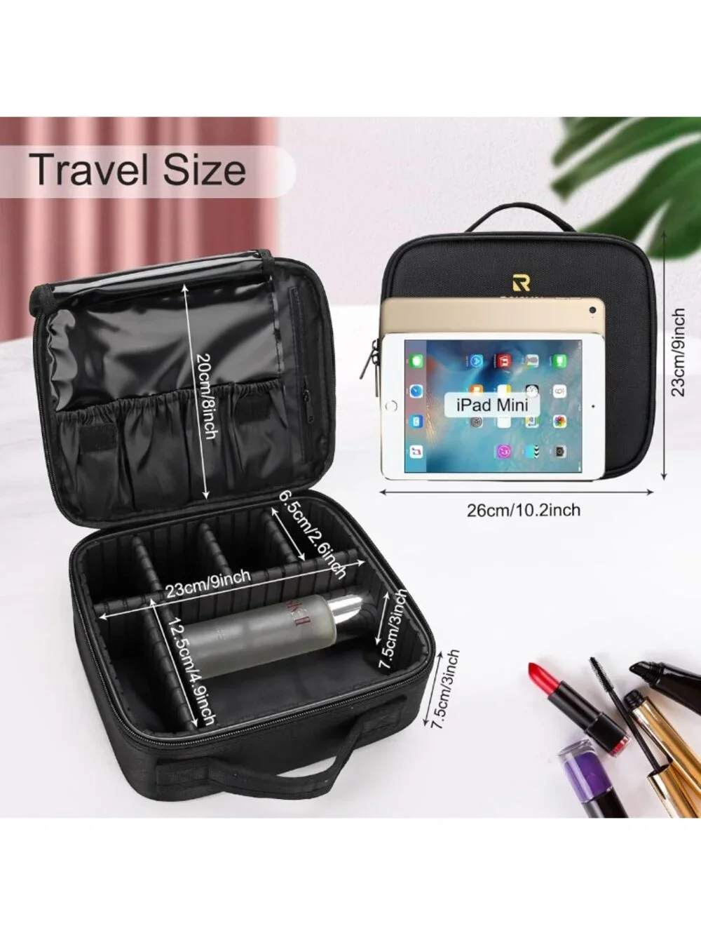 Portable Travel Makeup Organizer Case with Adjustable Dividers for Cosmetics